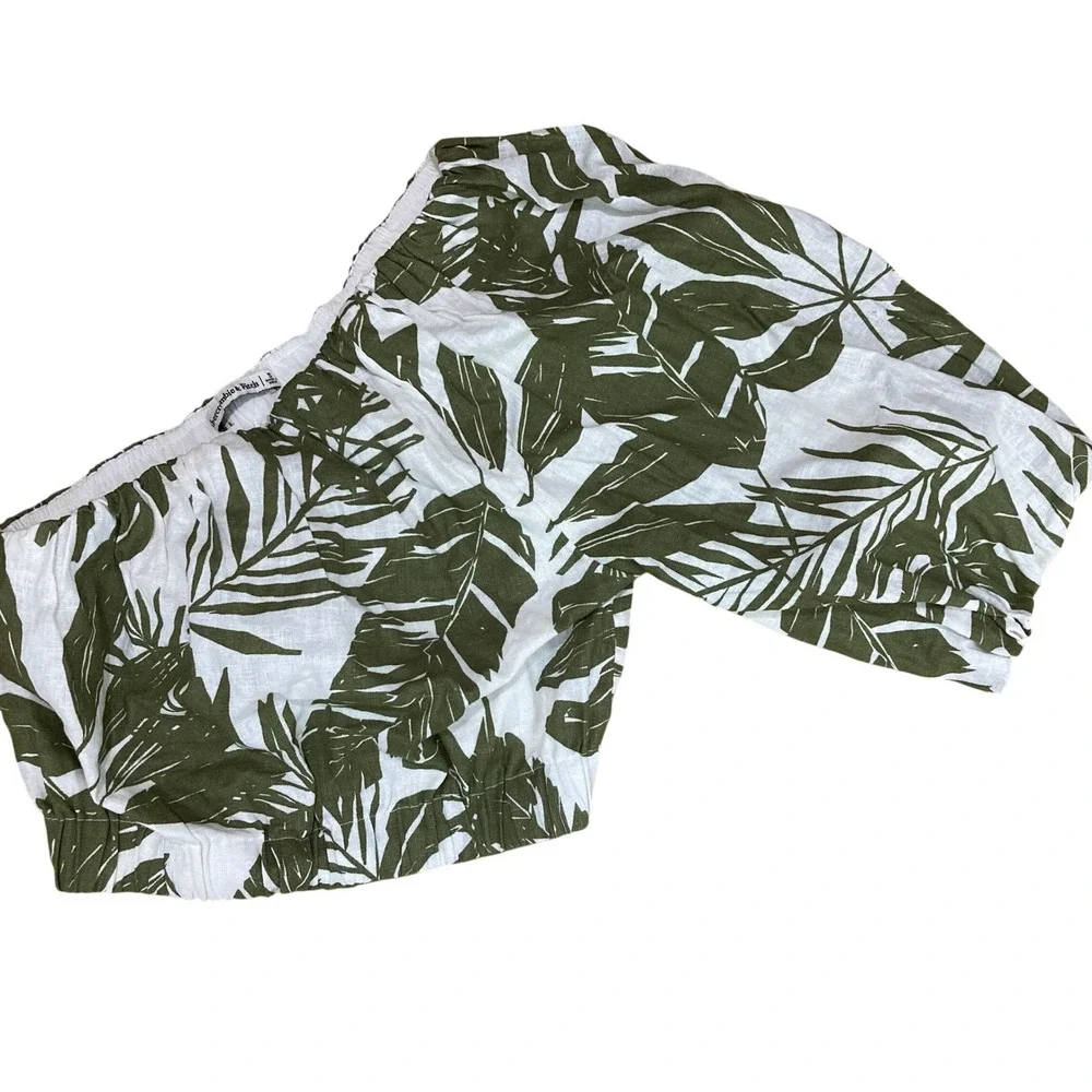 Abercrombie Fitch One Shoulder Tropical Leaf Crop Top White Green‎ Size Small